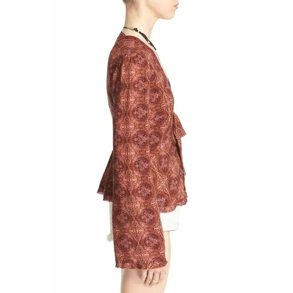 New! FREE PEOPLE Kaleidoscope Print V-neck Tie-front Long Bell Sleeve Top